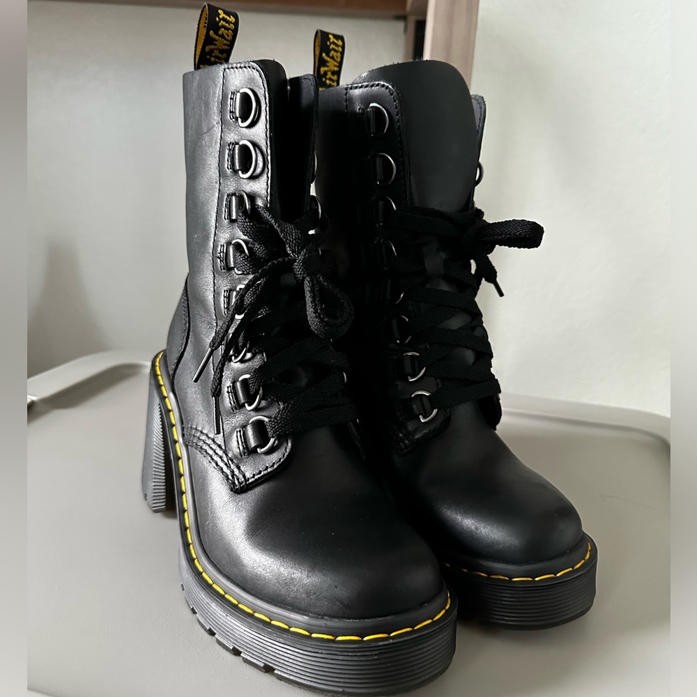 Dr. Martens Chesney Leather Flared Heel Lace Up Black boots